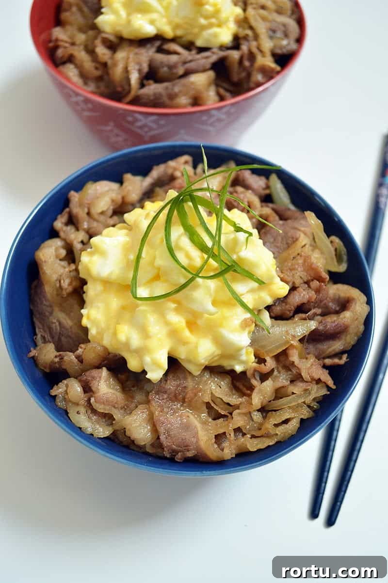 gyudon beef bowl with egg mayo