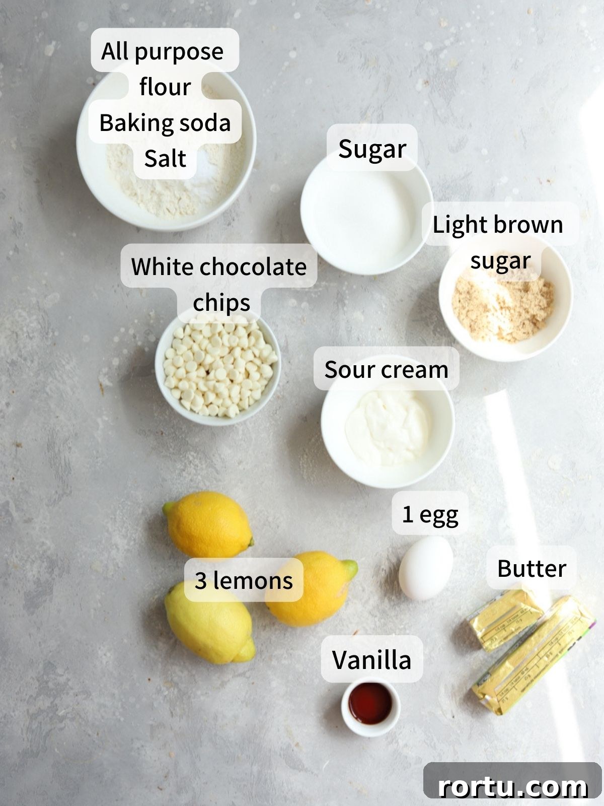 Lemon White Chocolate Cookie Recipe: Zesty Homemade Treat 3 Labeled ingredients for lemon white chocolate cookies