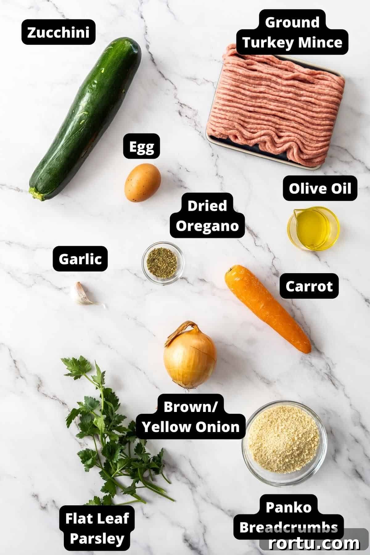 Ingredients in this recipe on a white marble background.