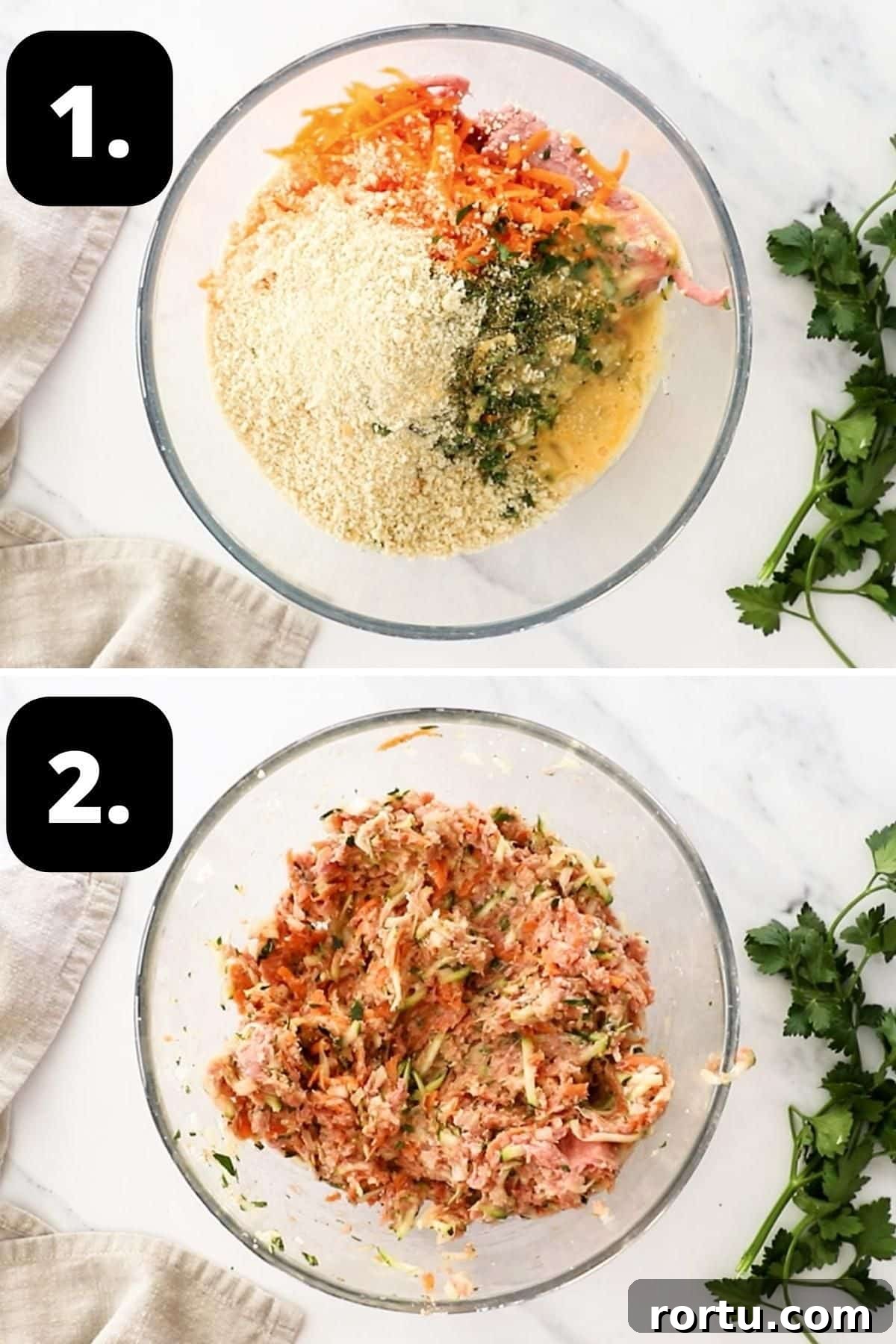 Steps 1-2 of preparing this recipe: the ingredients for the Turkey Patties in a glass bowl and the mixture combined.