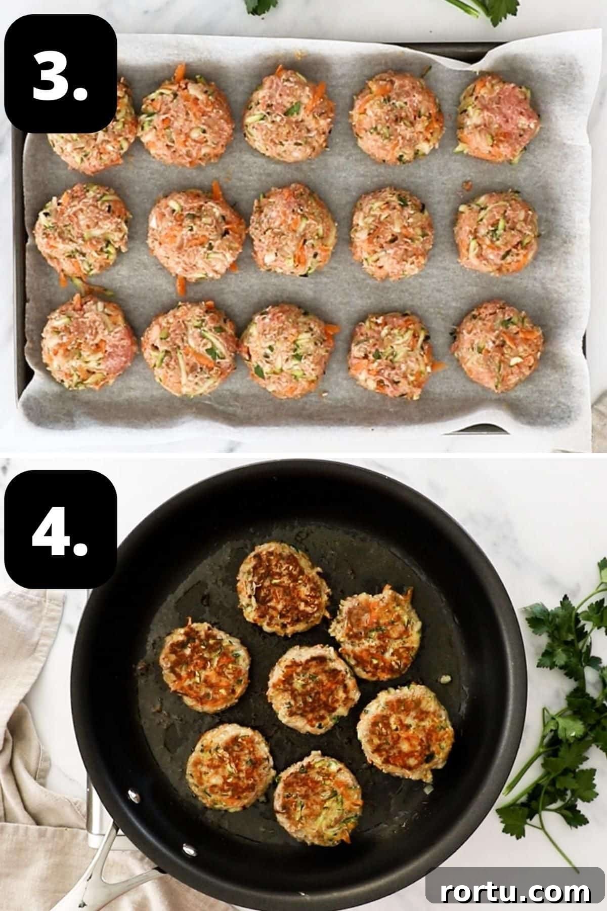 Steps 3-4 of preparing this recipe: the shaped patties on a baking tray and cooking a batch of patties in a frying pan.