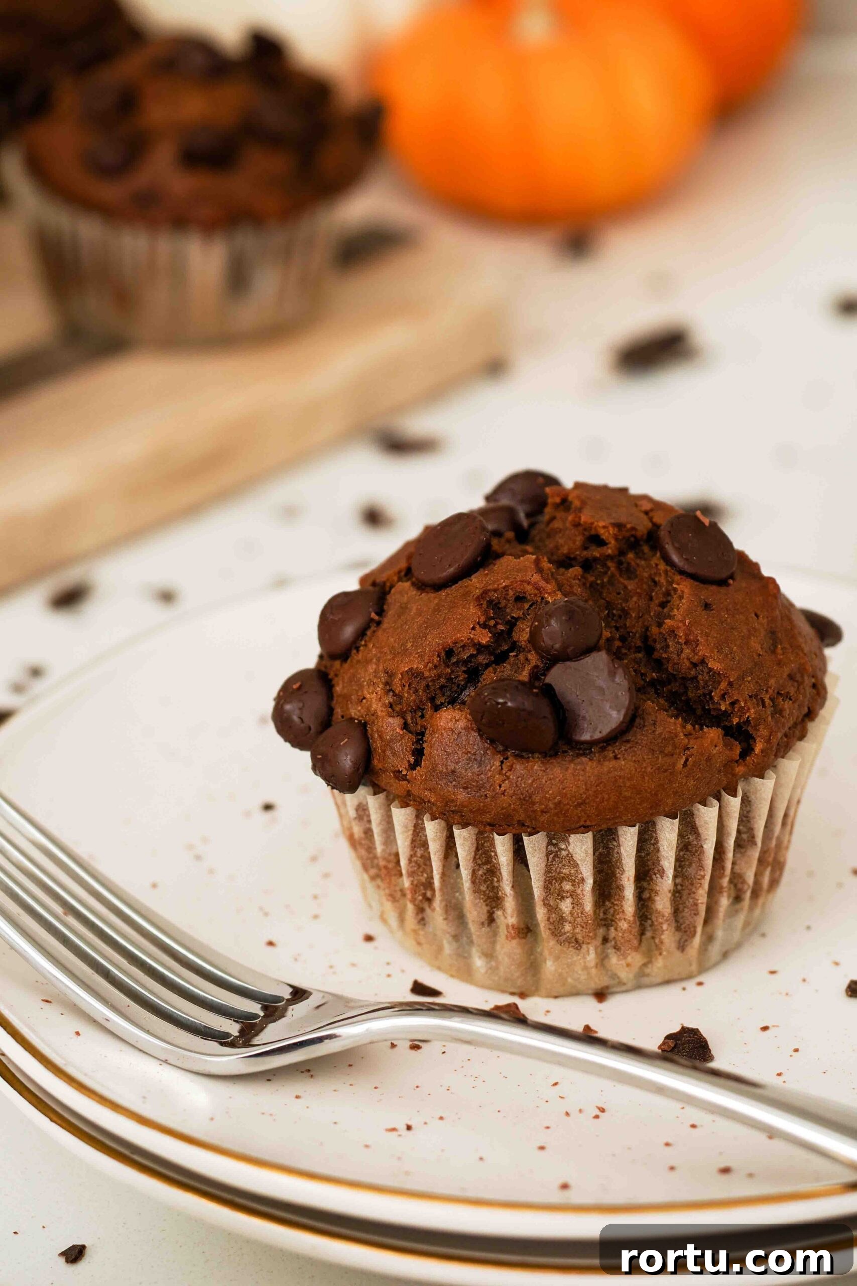 Chocolate Pumpkin Muffins Recipe — Moist Spiced Chocolate Muffins 2 A closeup of a chocolate pumpkin muffin with a pumpkin in the background.