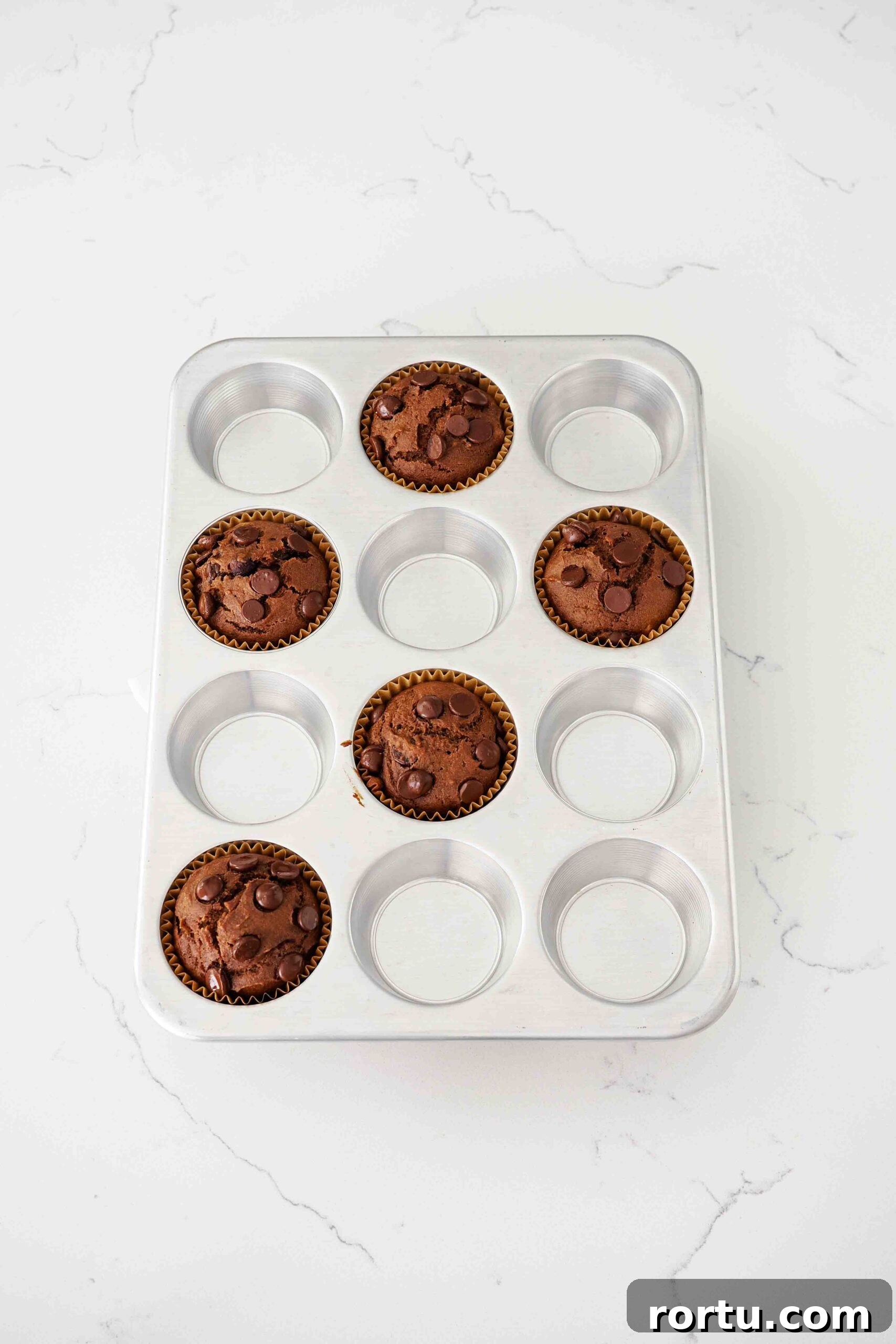Chocolate Pumpkin Muffins Recipe — Moist Spiced Chocolate Muffins 11 Fully baked chocolate pumpkin muffins in an aluminum muffin pan.