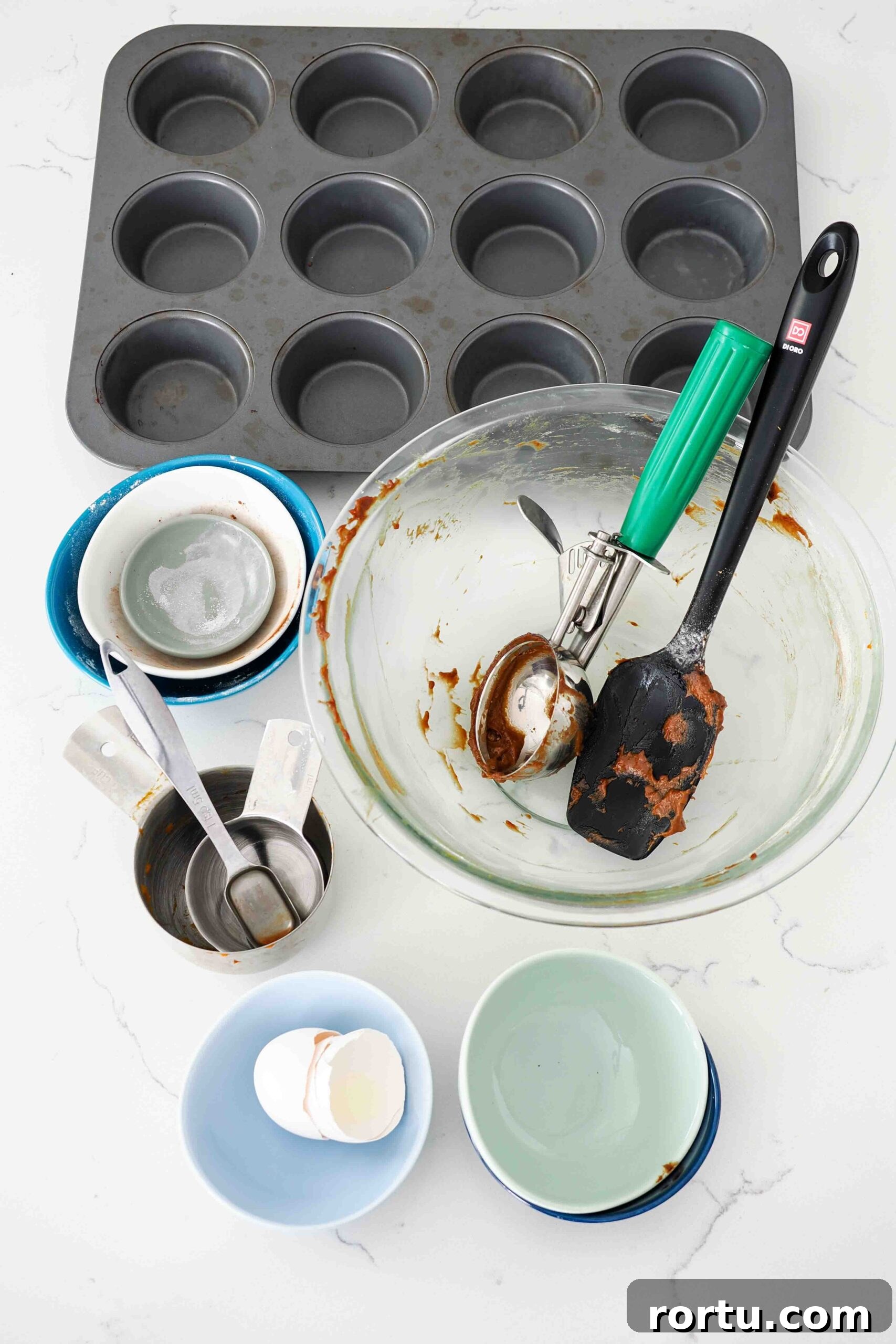 Chocolate Pumpkin Muffins Recipe — Moist Spiced Chocolate Muffins 13 All the dishes used to make chocolate pumpkin muffins on a quartz counter.