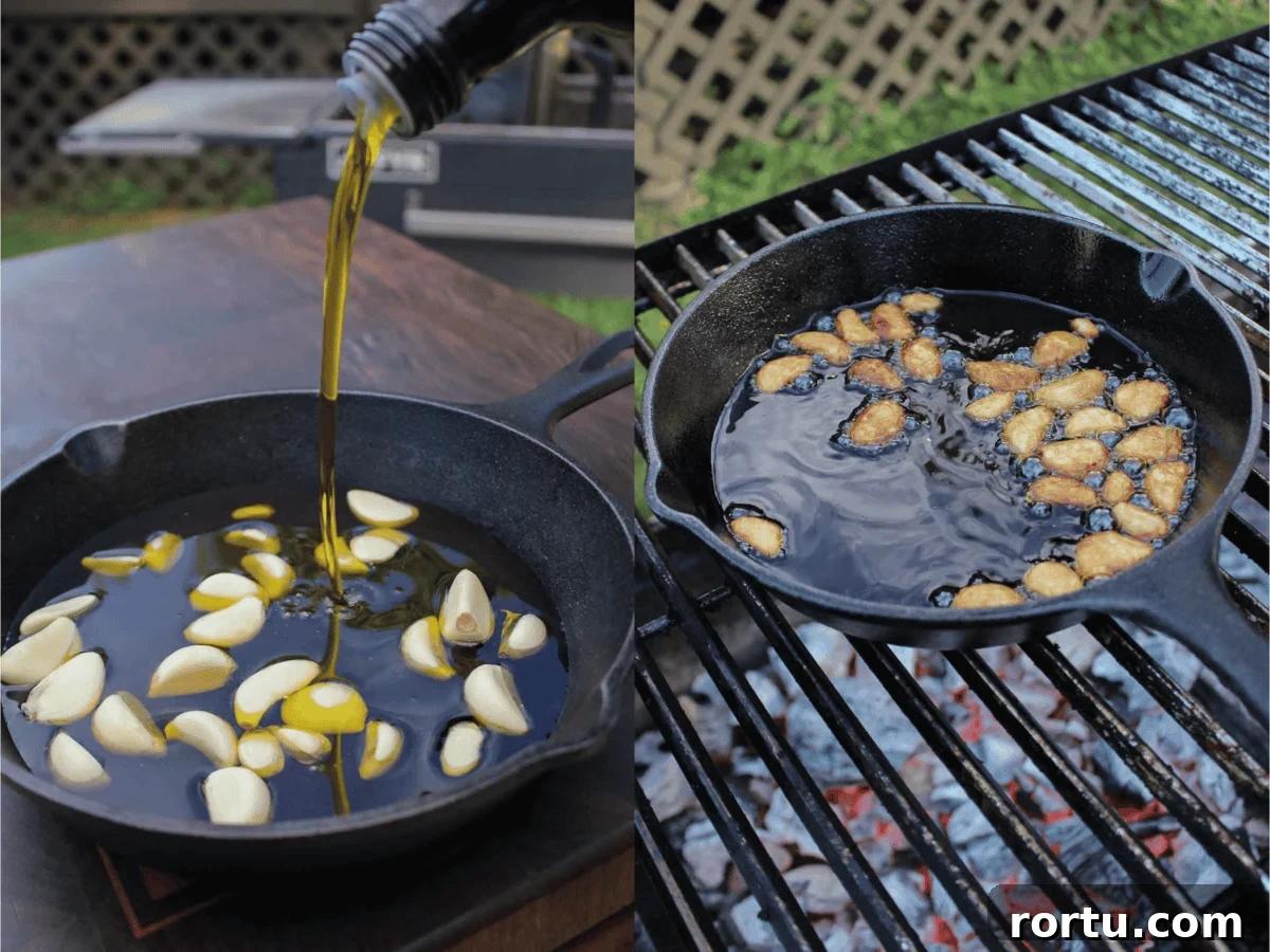 Making the garlic confit on the grill. 