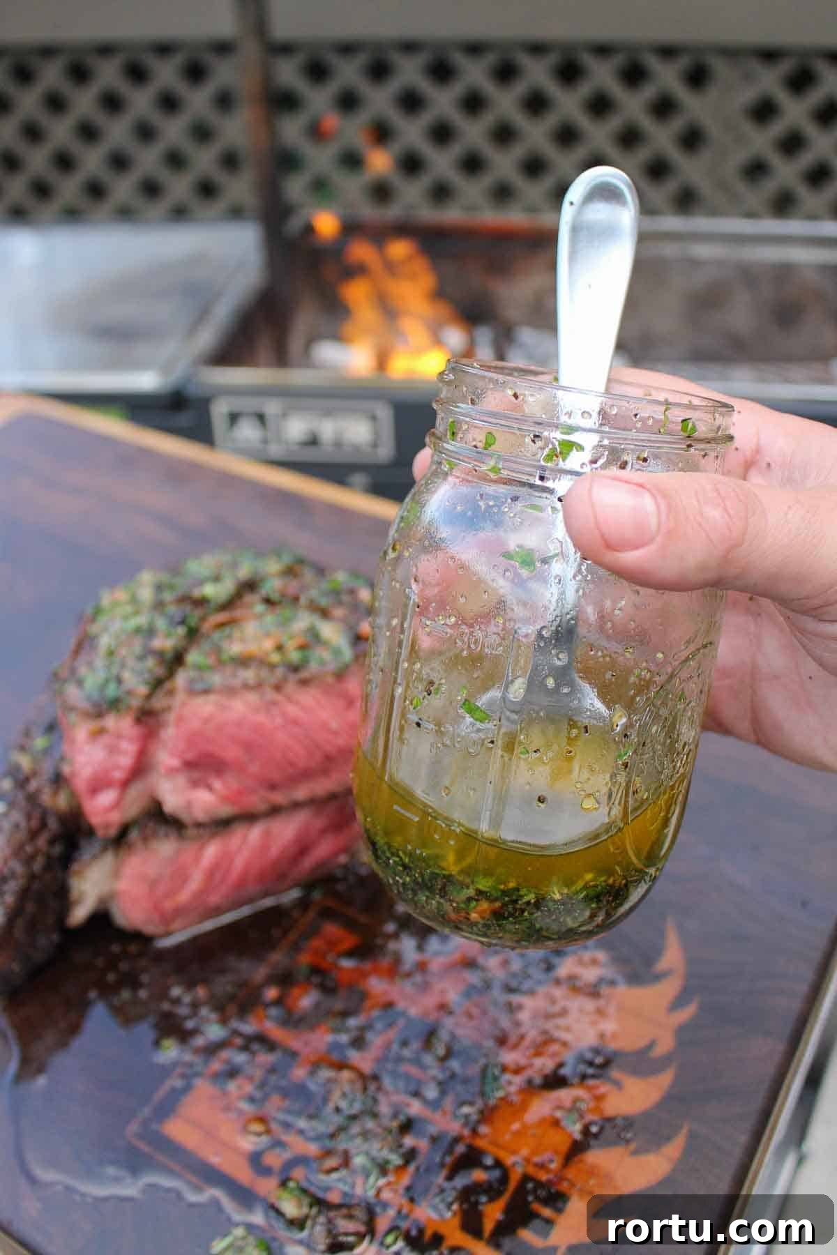 Holding the butter before the steak.