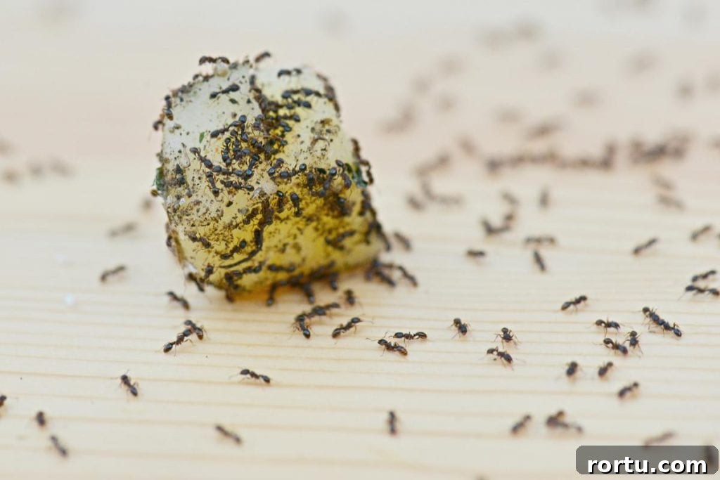 ants on a piece of food indoors