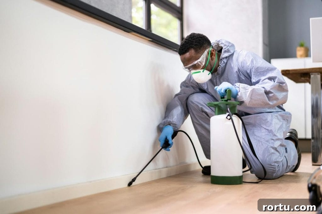 exterminator spraying near baseboards