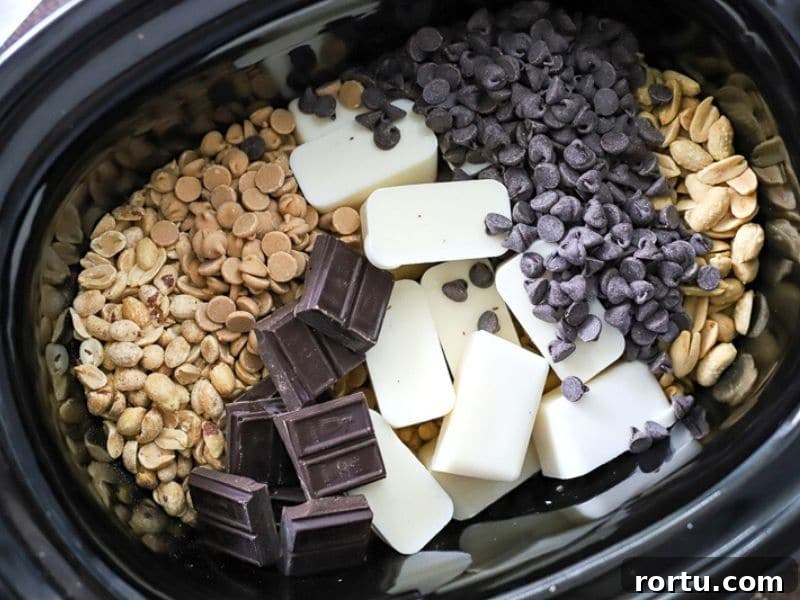 Slow-Cooker Chocolate Candy Recipe: Creamy No-Bake Treat 4 crockpot filled with ingredients for chocolate candy