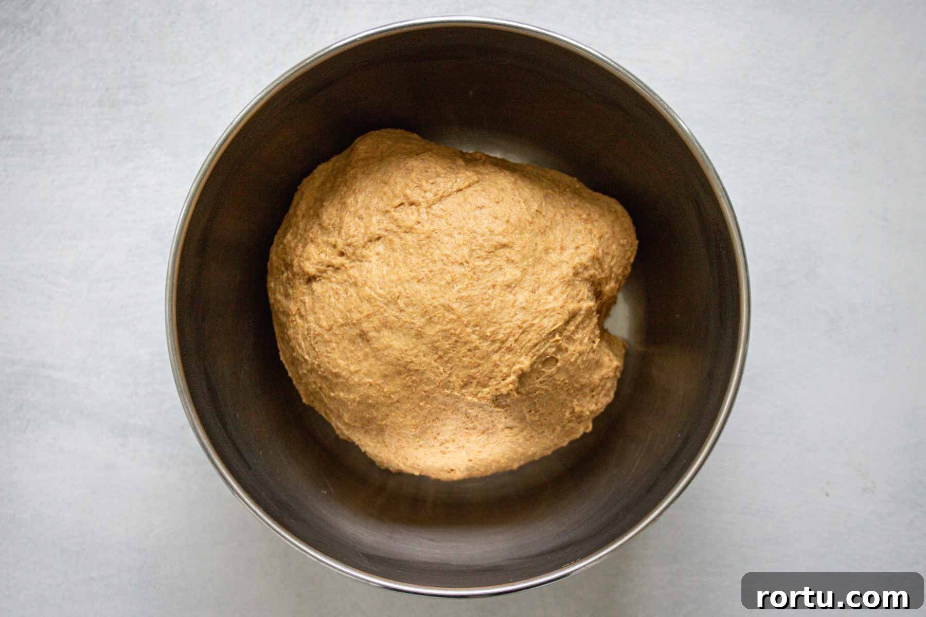 Quick Whole-Wheat Dinner Rolls That Rise Perfectly 6 Dough before the first rise, inside metal bowl.