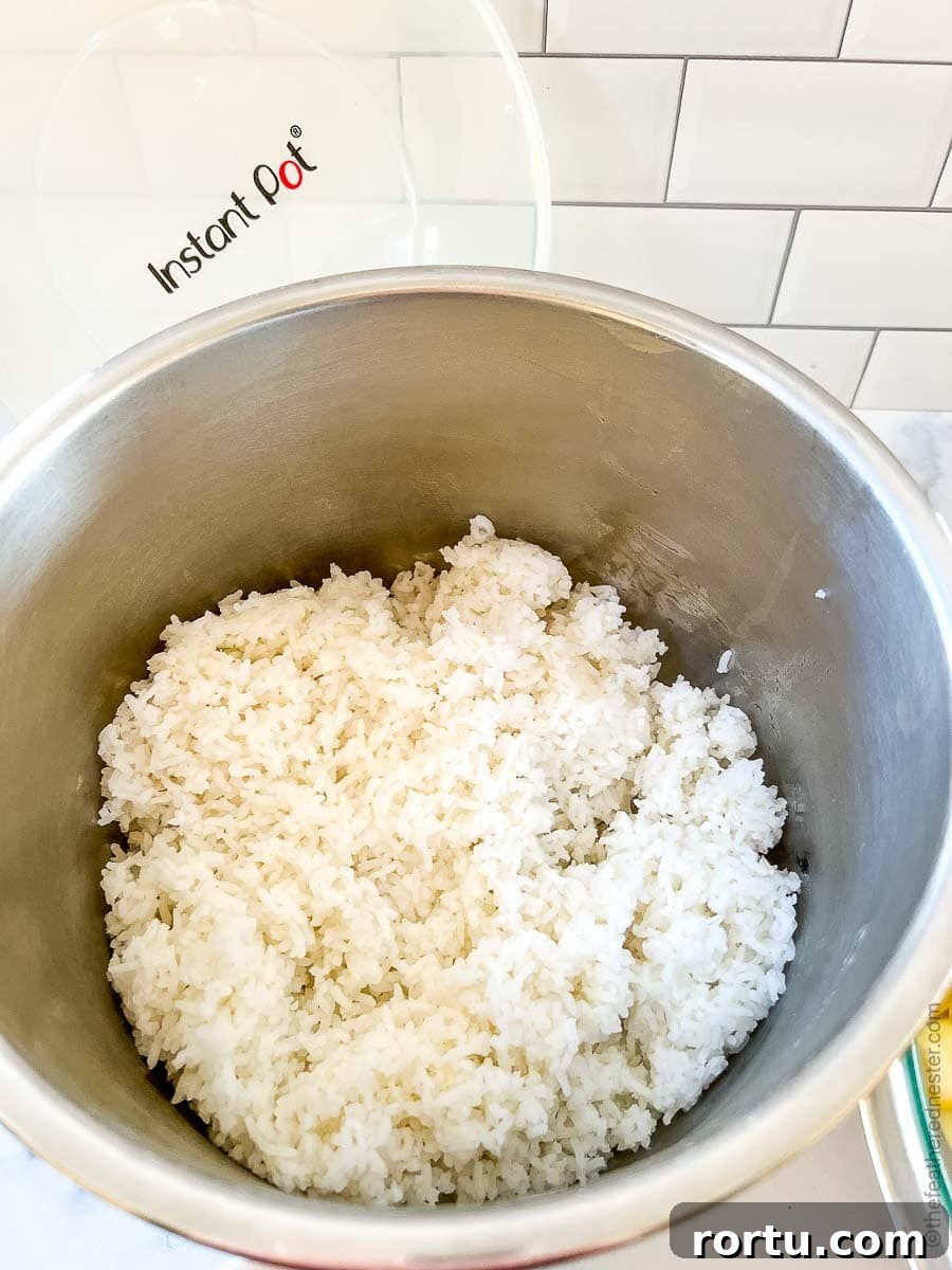 The Instant Pot with cooked rice.