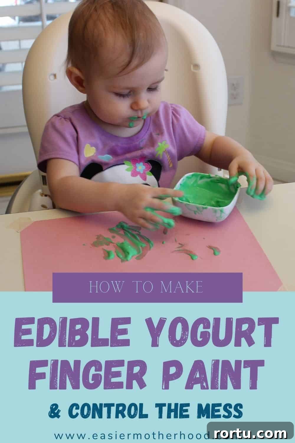 Pin with child playing with edible yogurt finger paint