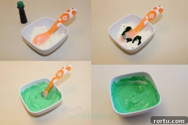 4 photos illustrating the mixing of the edible yogurt finger paint- materials in first photo, a few drops added to the yogurt in the second, mostly mixed in third, and fully done in last