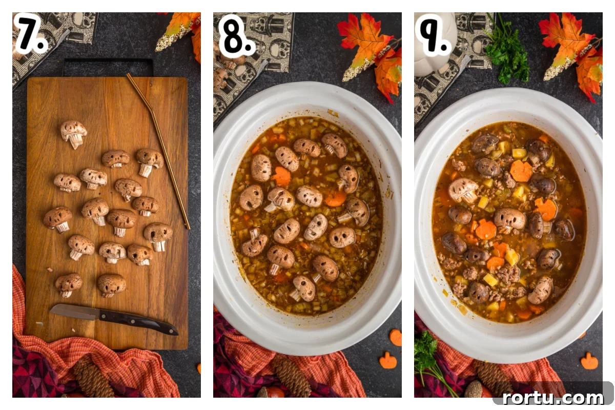 Three images showing how to finish witches brew stew in a slow cooker.