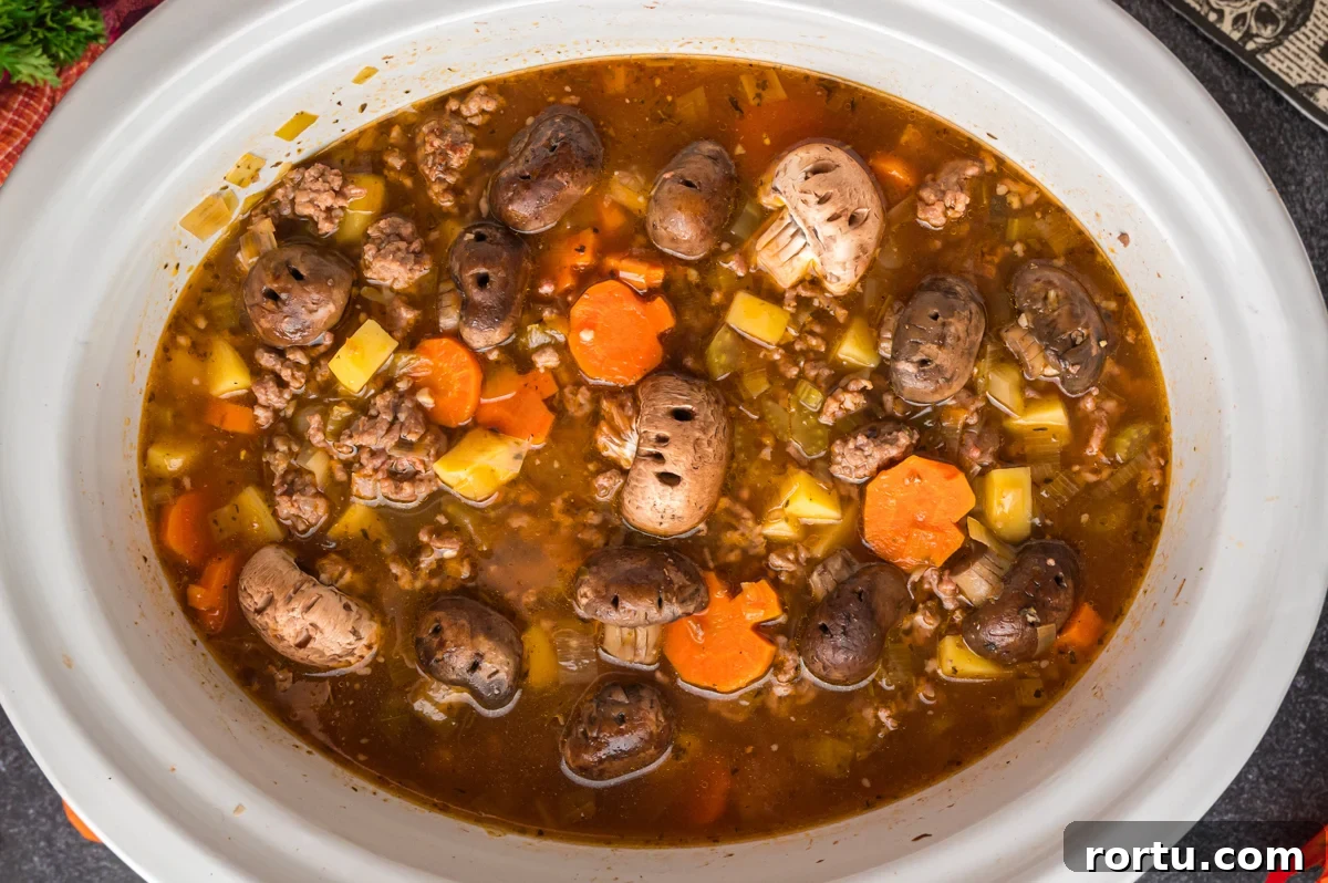 Cooked witches brew stew in a white slow cooker.