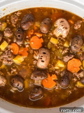 Cooked witches brew stew in a white slow cooker.