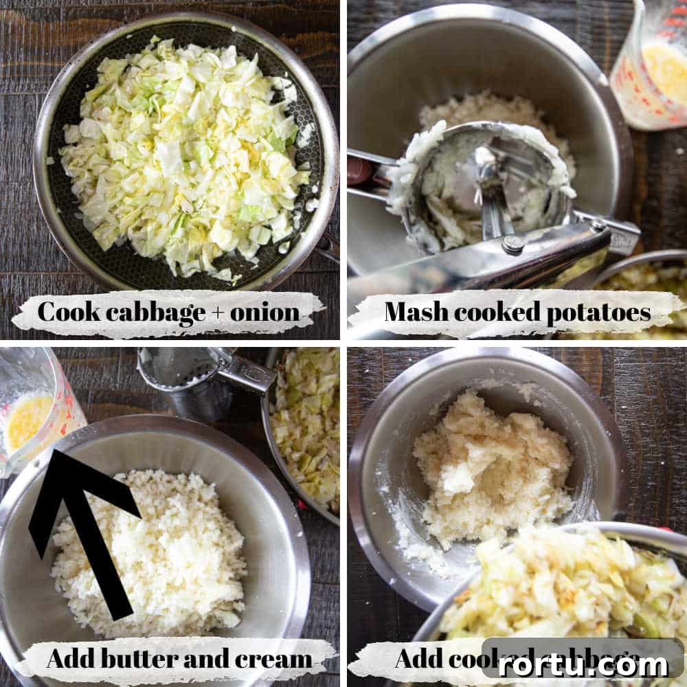 Colcannon Recipe: Traditional Irish Mashed Potatoes with Cabbage 4 Four process shots of the steps to make colcannon Irish mashed potatoes.