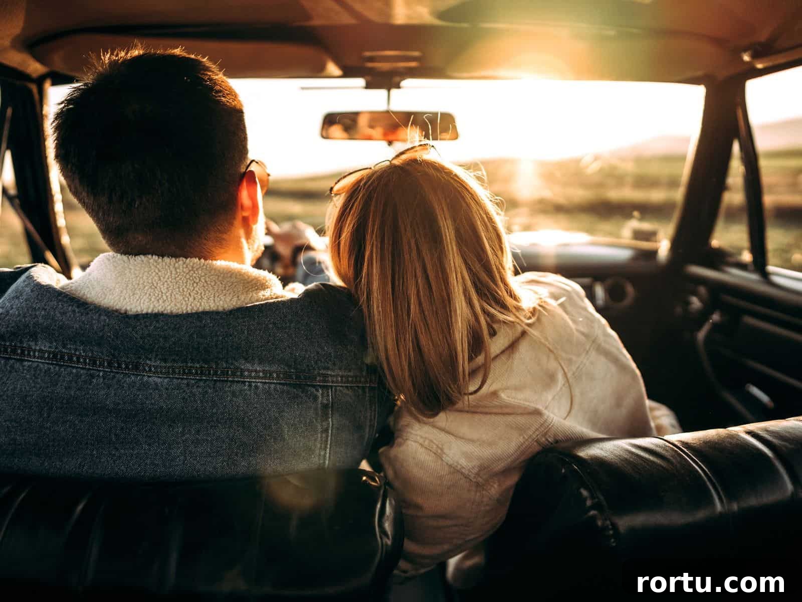 Couple on a road trip in a car.