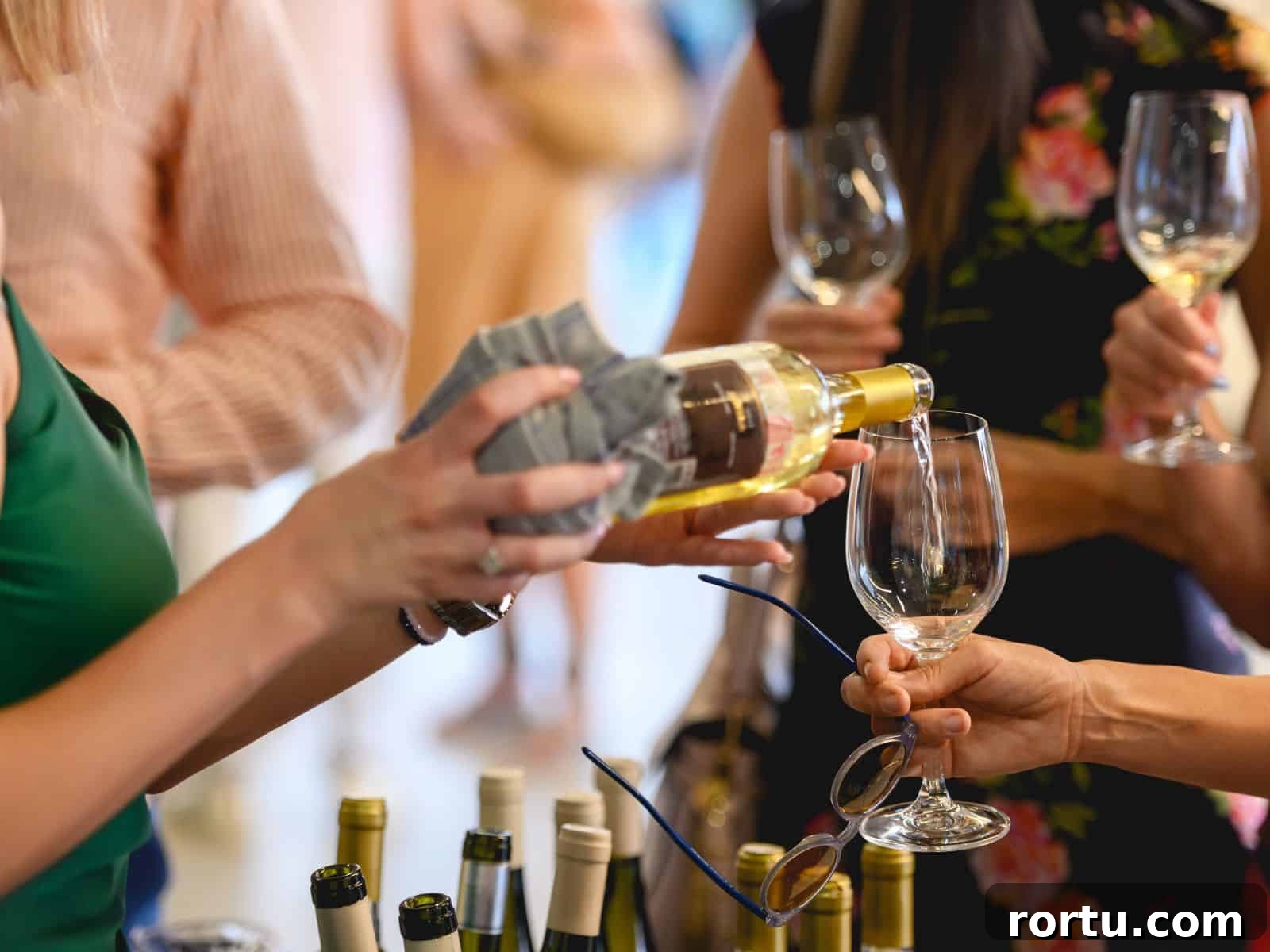 Pouring glasses of wine at a party.