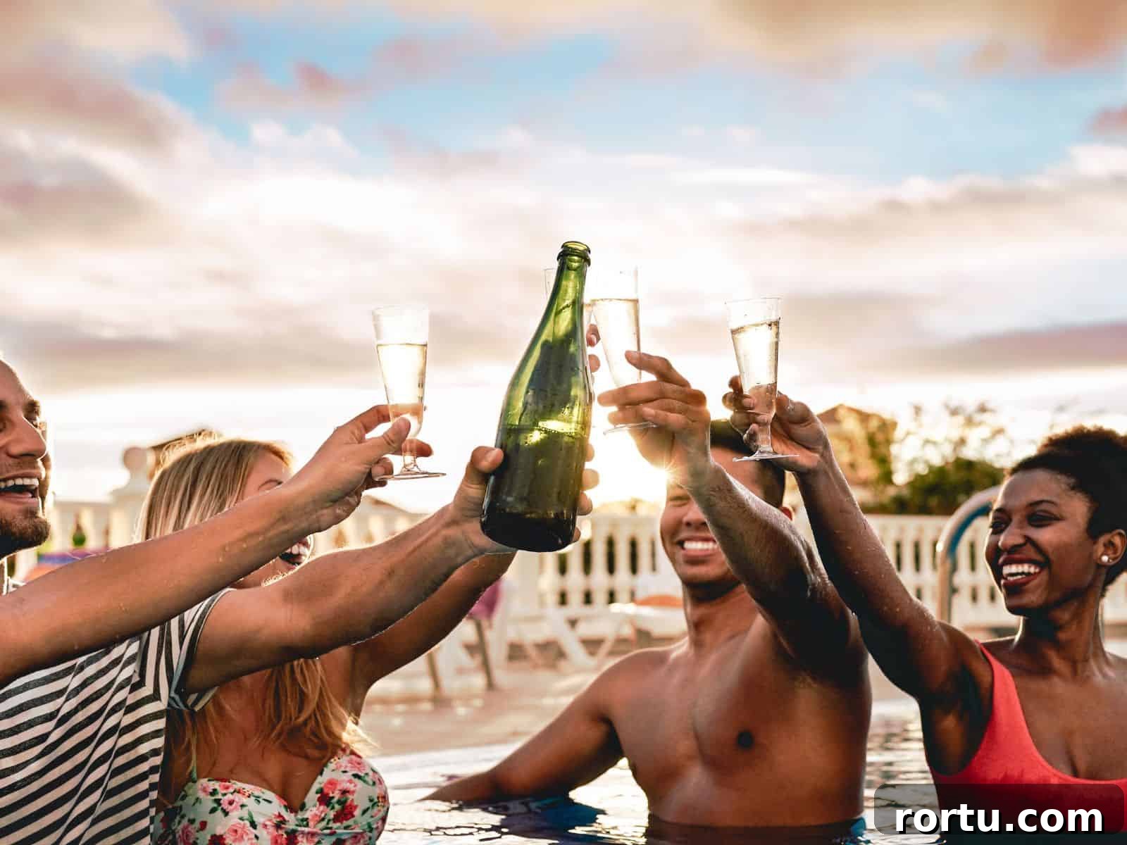 Toasting champagne in a pool.