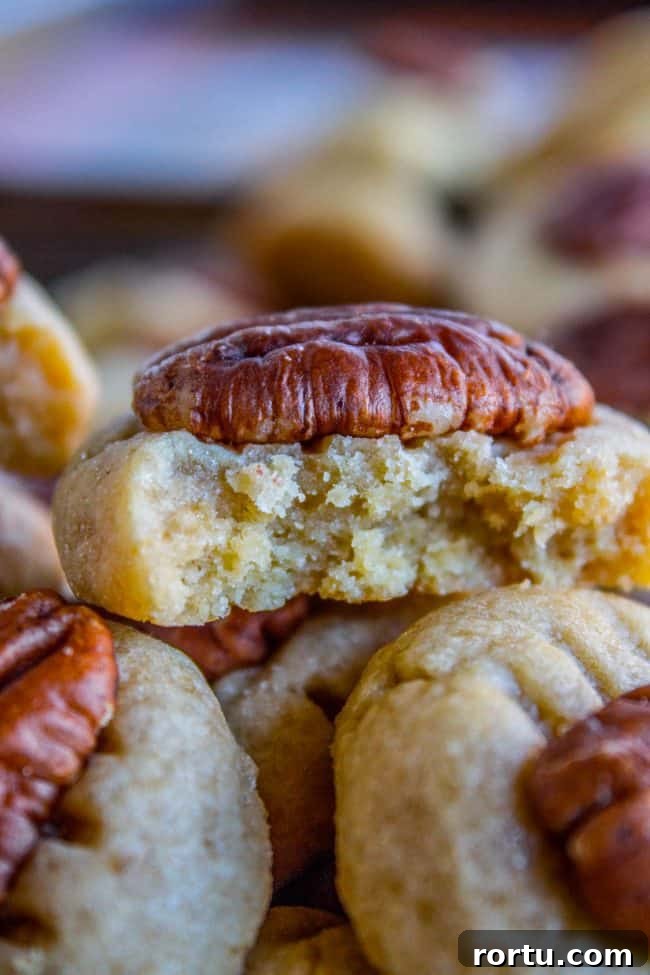 butter pecan cookies stacked with a bite out of the top one.
