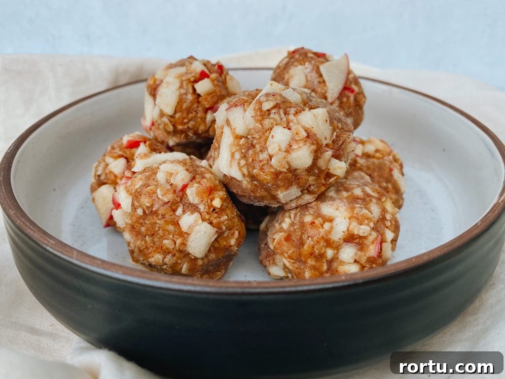 Apple Cinnamon Bites Recipe: Quick No-Bake Snack for Kids and Adults 2 final energy bites stacked together in a circle array and white ceramic background with cloth