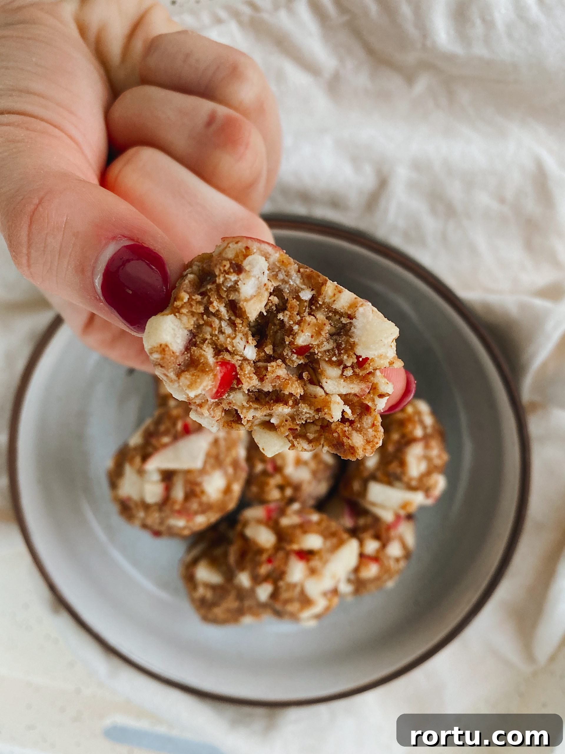 Apple Cinnamon Bites Recipe: Quick No-Bake Snack for Kids and Adults 8 fingers holding half apple cinnamon bite with remainder in the background.