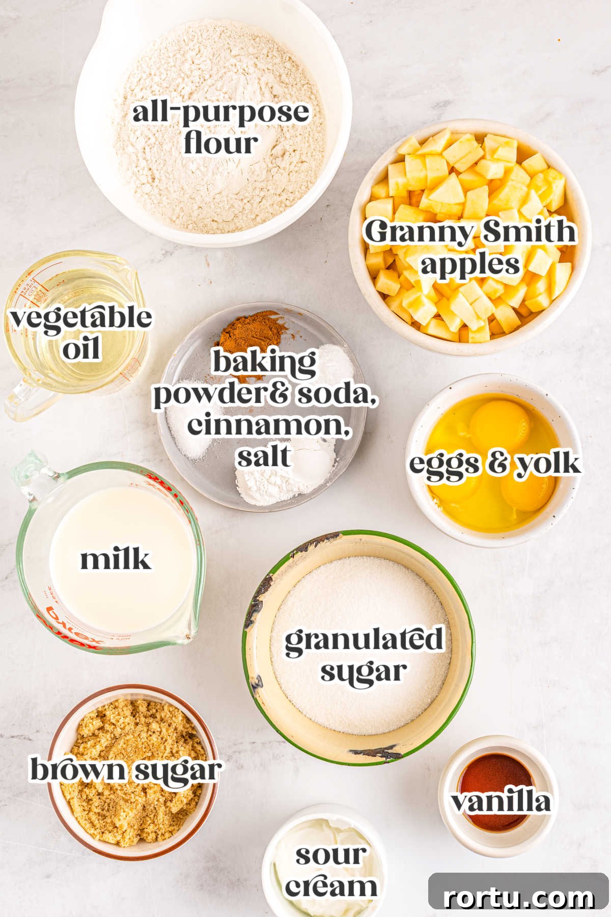 The Apple Cinnamon Streusel Muffins ingredinets with text overlay labeling each.
