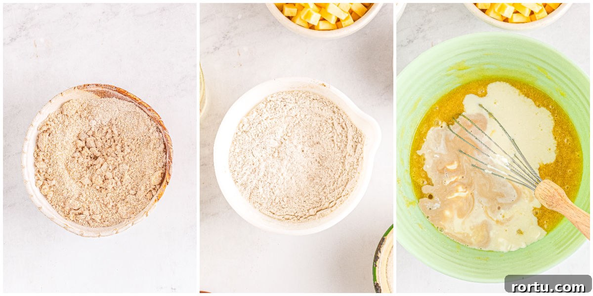 The streusel topping mixed in a bowl and the muffin batter mixed in another bowl.
