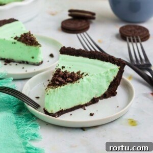 Creamy Mint Grasshopper Pie Recipe That Impresses 15 Grasshopper pie in a white pie dish with oreos on the table.