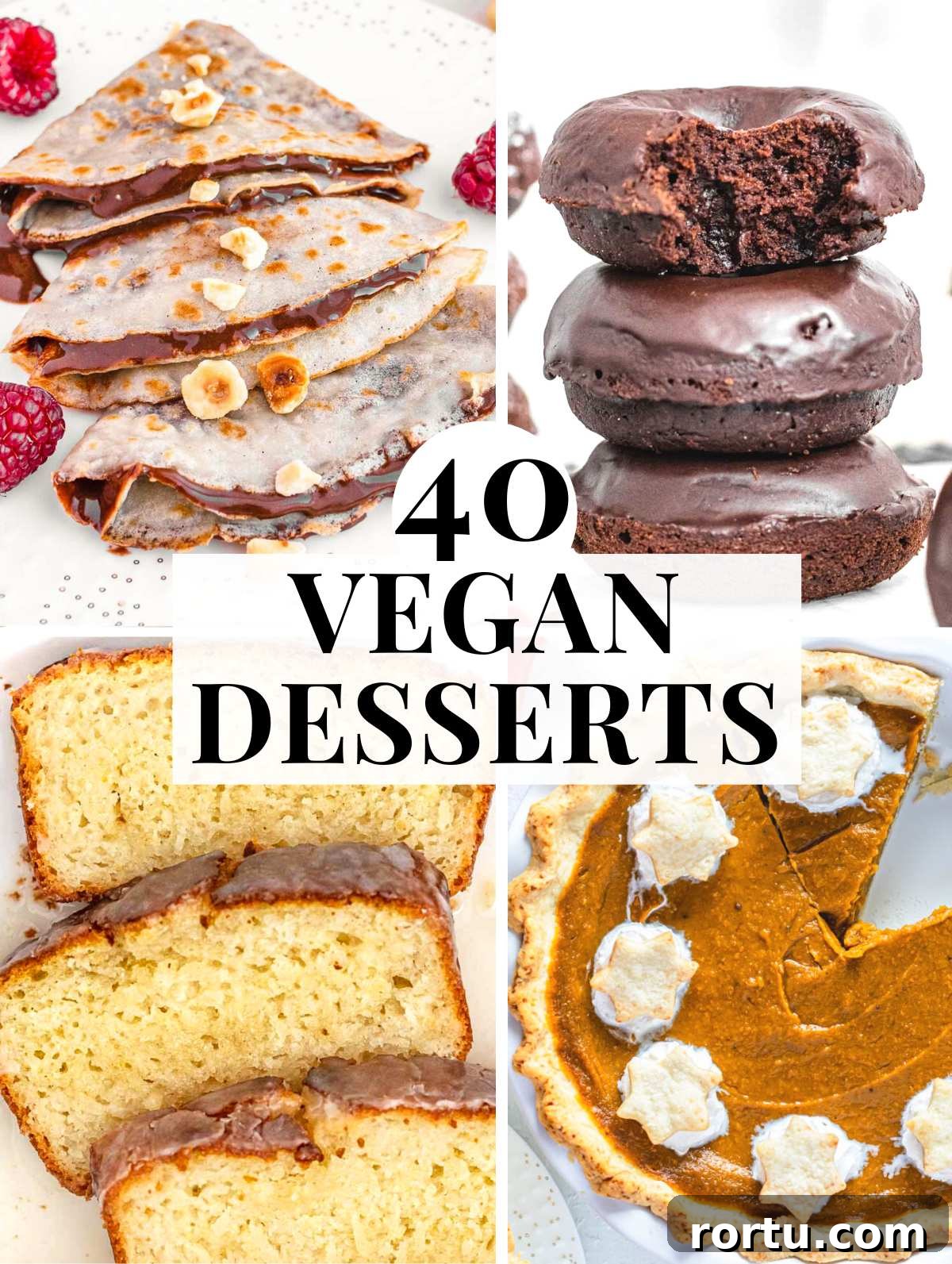 Vegan desserts with donuts, cakes, and pies