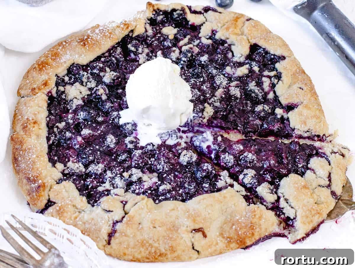 Blueberry galette with ice cream and powdered sugar