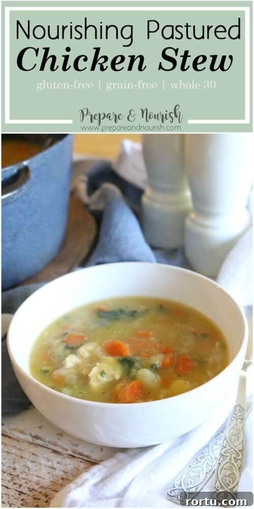 Nourishing Pastured Chicken Stew - Lightly creamy and fully flavorful, this chicken stew boasts nutrition from bone broth, hearty veggies and squash puree. Gluten Free & Whole 30