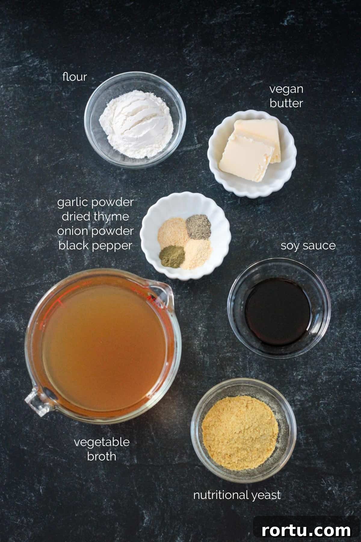 Recipe ingredients arrayed in individual bowls.