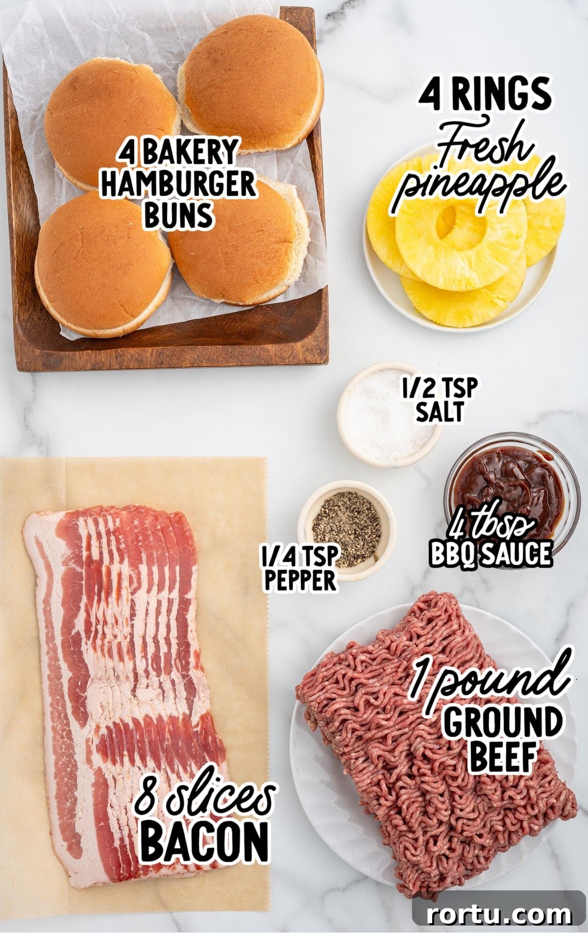Labeled ingredients for Pineapple Bacon Burger