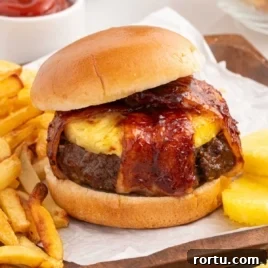 pineapple bacon burger with fries and pineapple slices, styled on a wooden tray
