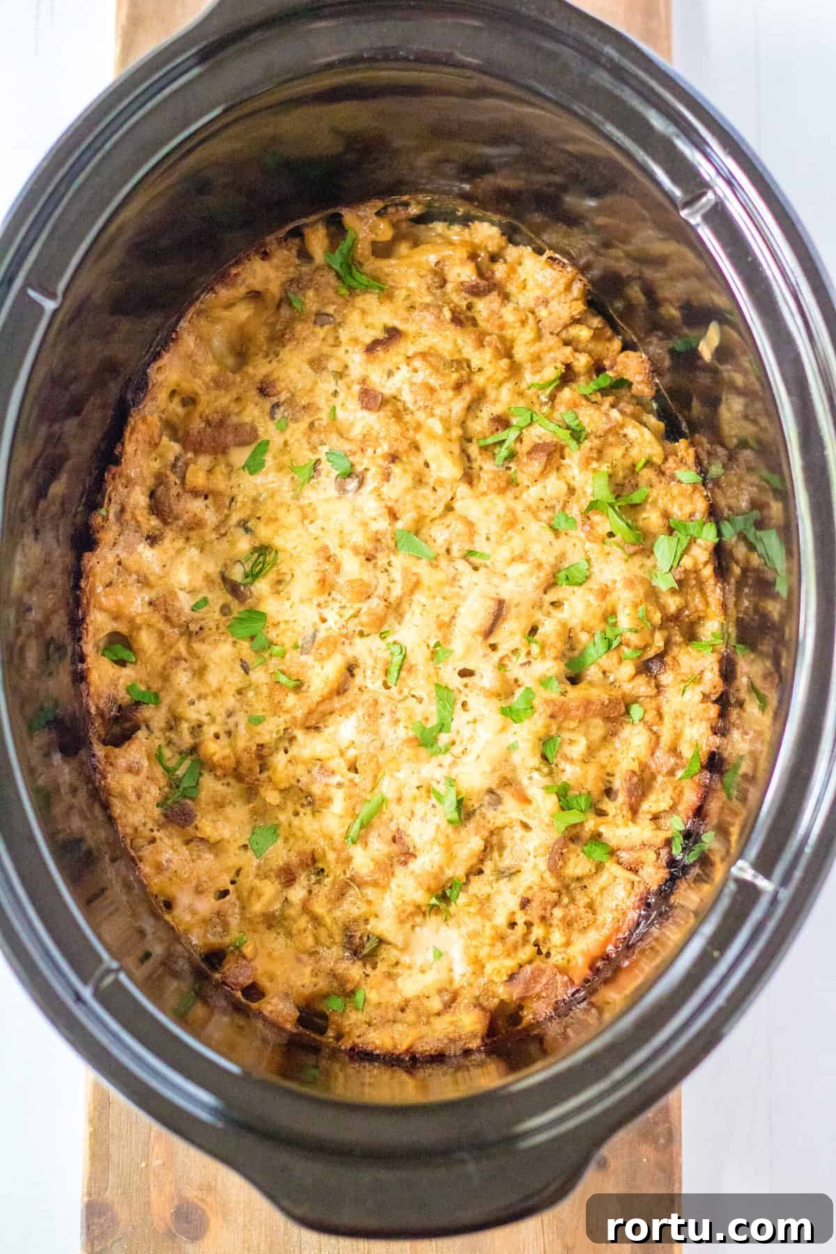 slow cooker turkey stuffing served in a crock pot
