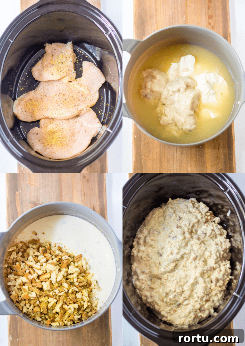 steps to make slow cooker turkey stuffing casserole