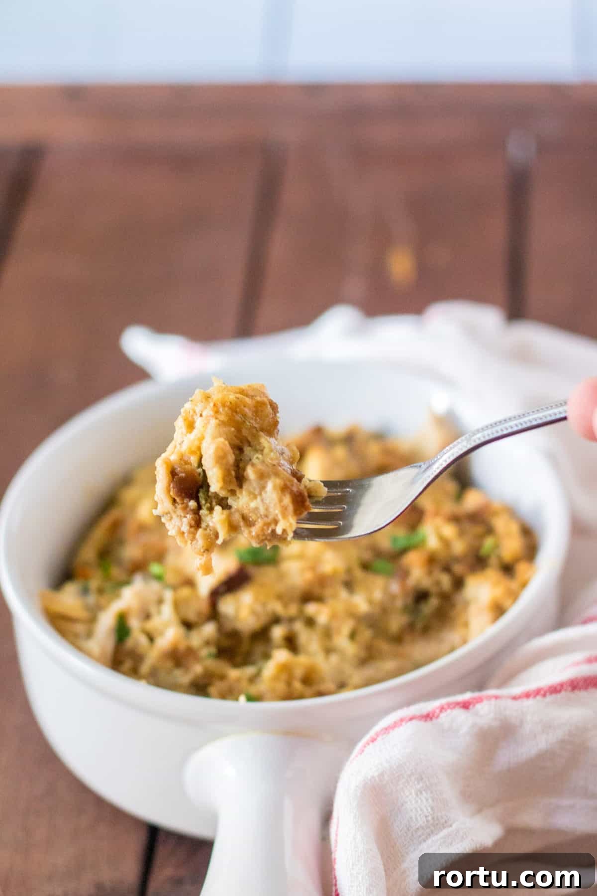 turkey stuffing on a silver fork