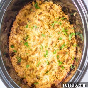 slow cooker turkey stuffing casserole in a crock pot