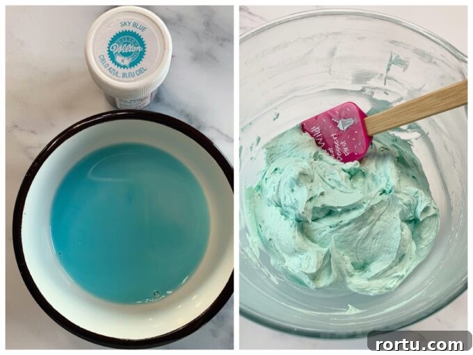 Speckled Easter Cake Recipe: Festive Marbled Holiday Cake 4 Robin's egg blue colored frosting for a speckled Easter cake.
