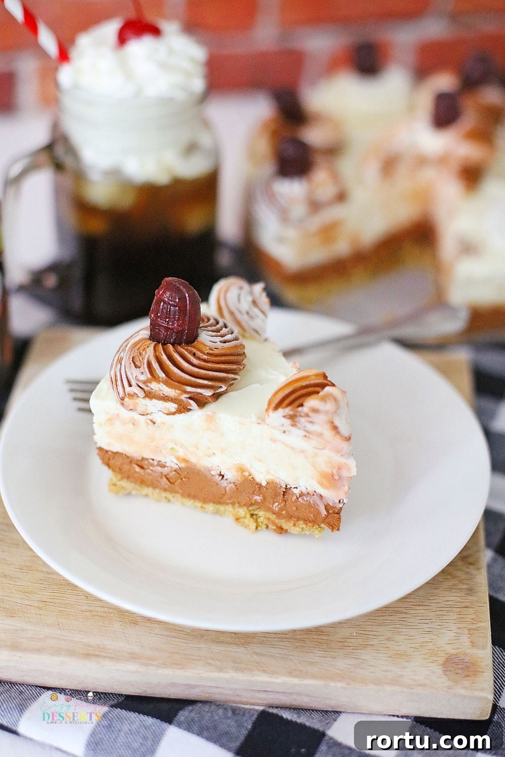Root Beer Cheesecake Recipe: Creamy Dessert with Fizzy Flavor 5 Close up image of a slice of root beer cheesecake