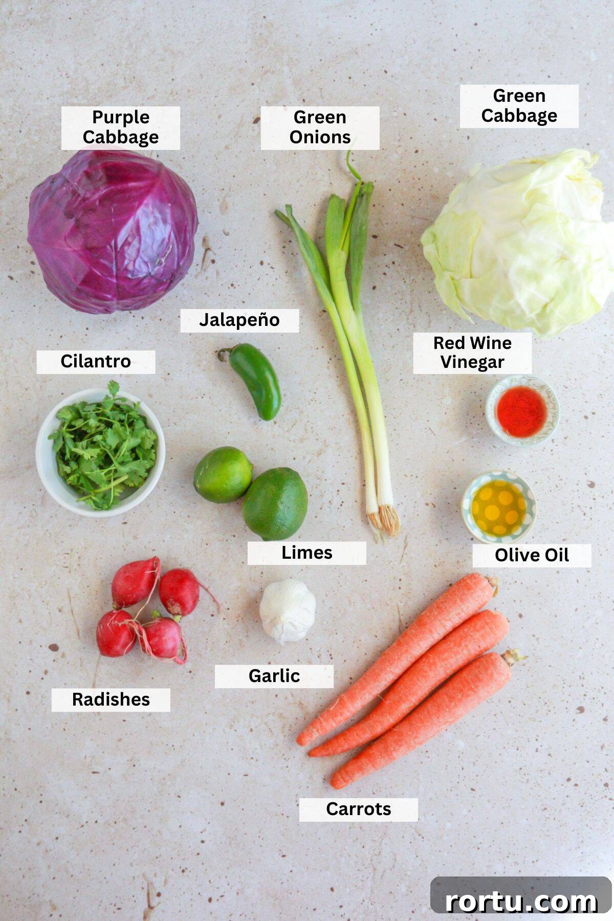 Ingredients for Lime Vinaigrette Coleslaw: purple cabbage, green onions, green cabbage, cilantro, jalapeños, limes, radishes, garlic, carrots, extra virgin olive oil and red wine vinegar