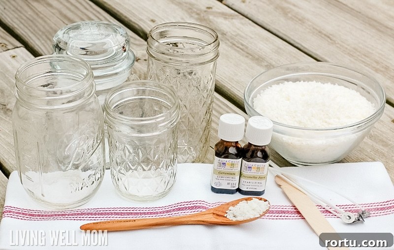 Make Homemade Citronella Candles to Repel Mosquitoes 4 four empty glass jars next to ingredients for DIY candle-making