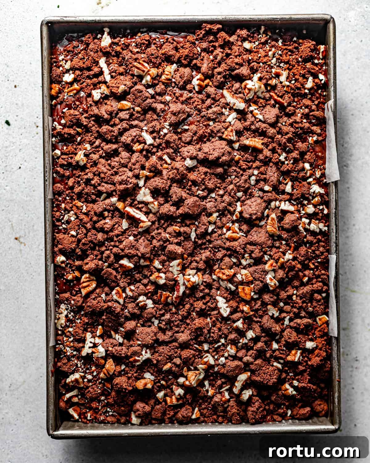 texas chocolate sheet cake in a baking pan topped with fudge frosting and chocolate crunch and chopped pecans.