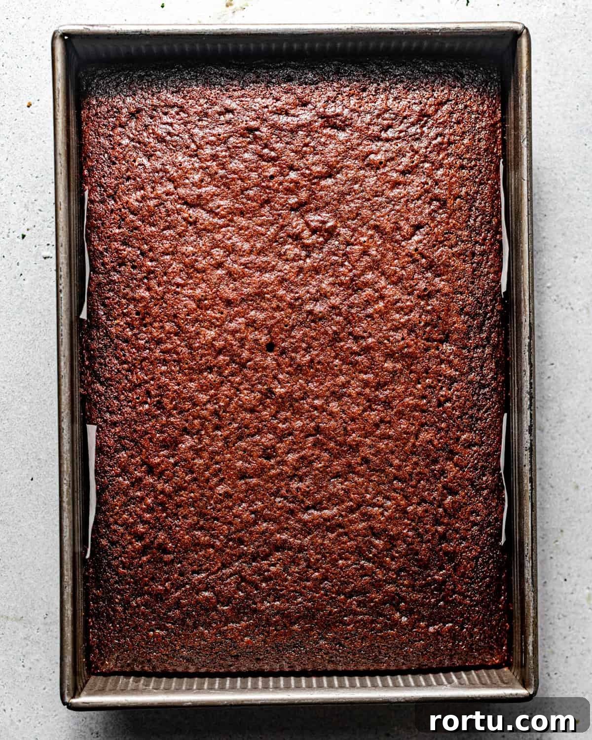 baked texas sheet cake in a baking pan.
