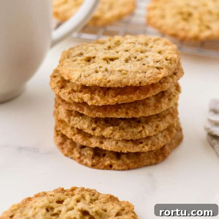 Close up of a stack of Swedish Oatmeal Cookies (Havreflarn).