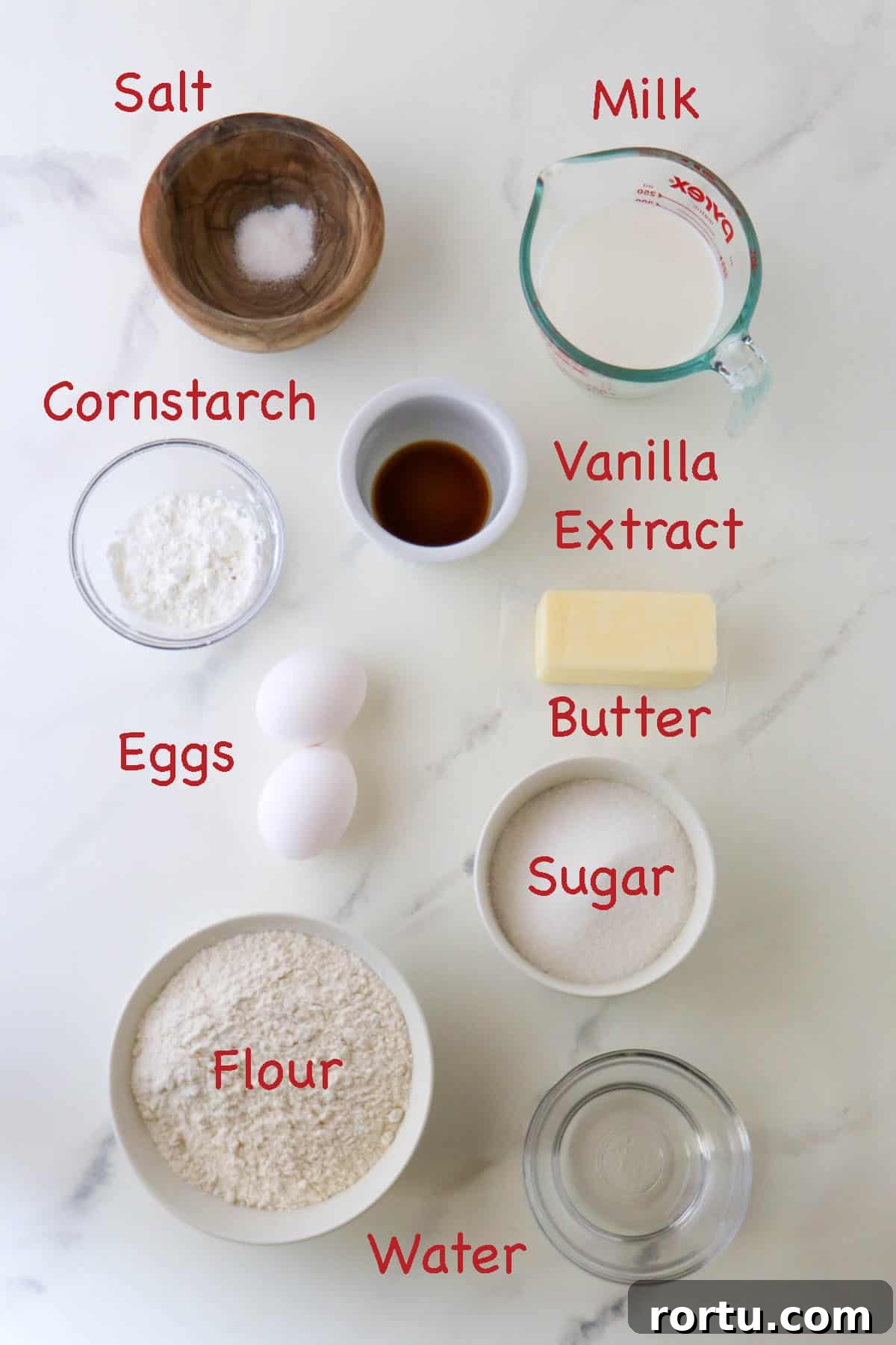 Labeled ingredients for Krumkake (Norwegian Waffle Cookies).
