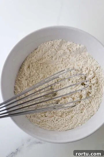 Dry ingredients in a white bowl with a whisk.