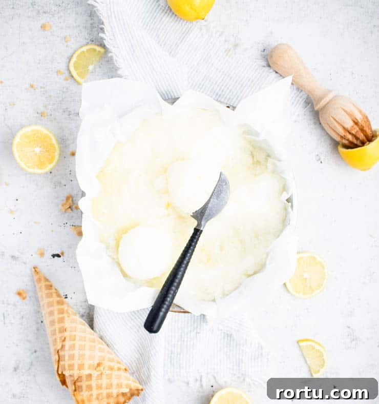 Refreshing Lemon Ginger Sorbet Recipe for Summer Desserts 4 lemon sorbet in a cake pan with ice cream cones and lemons around it.